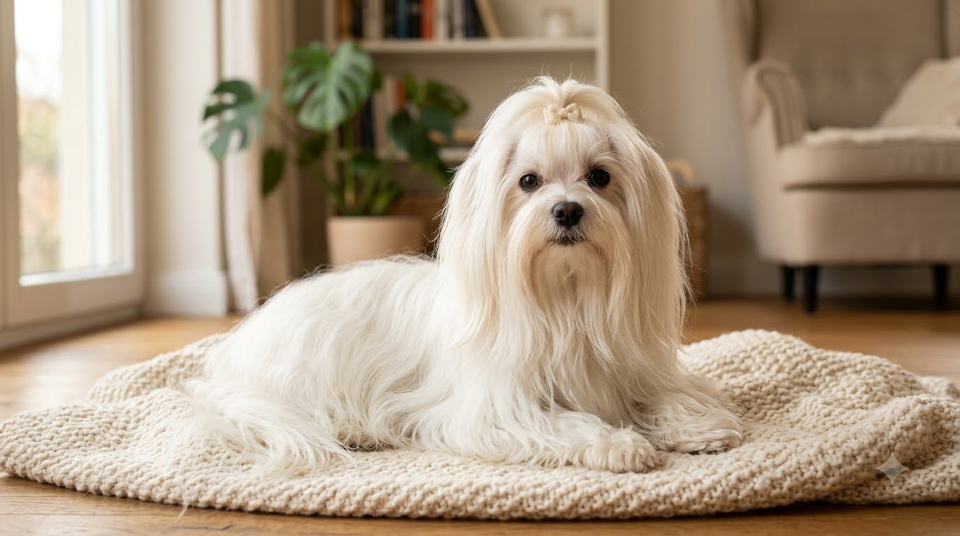 A Maltese with a long flowing white coat sitting on a soft blanket indoors