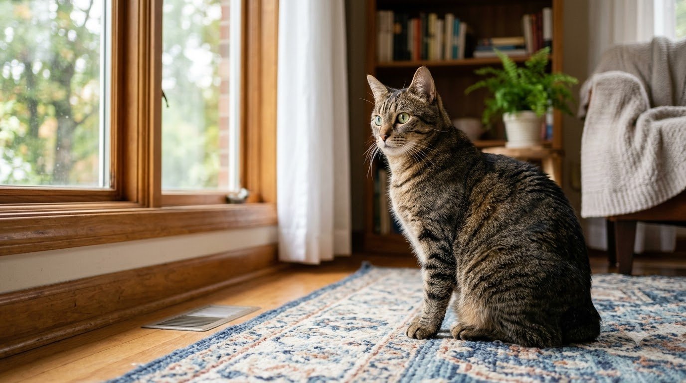 A tail-less Manx cat sitting indoors on a rug