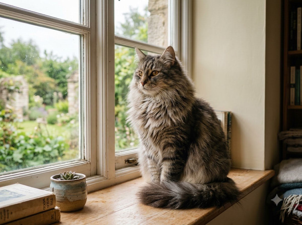 A Norwegian Forest Cat sitting indoors
