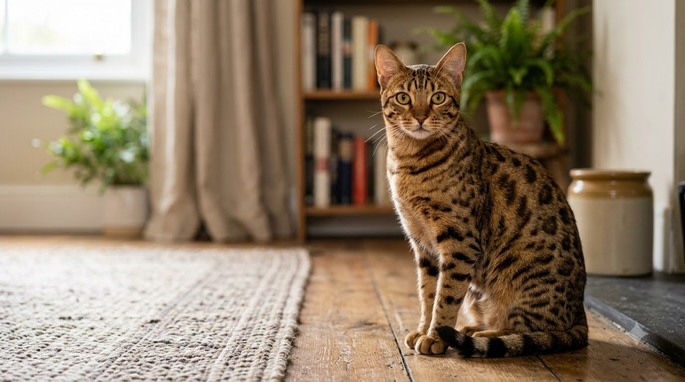 An Ocicat with a tawny spotted coat sitting alertly indoors
