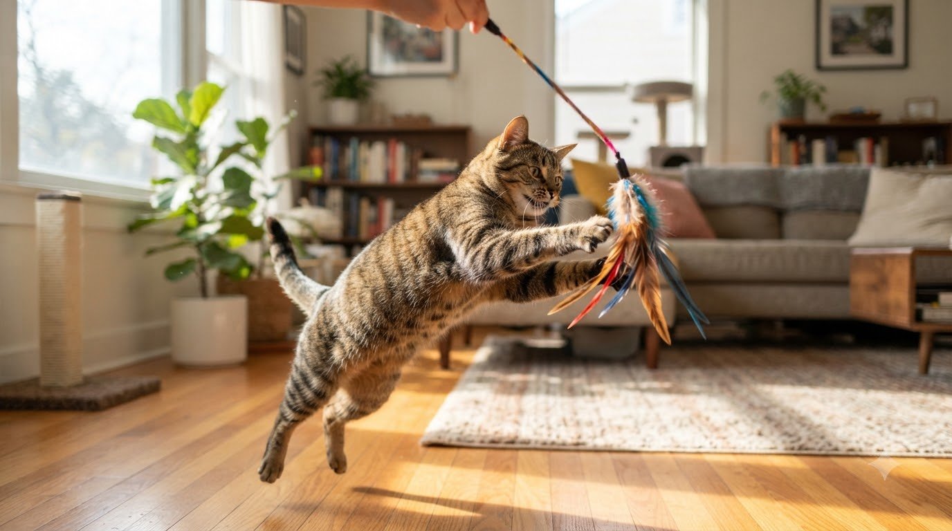 An indoor cat playing with a feather wand toy