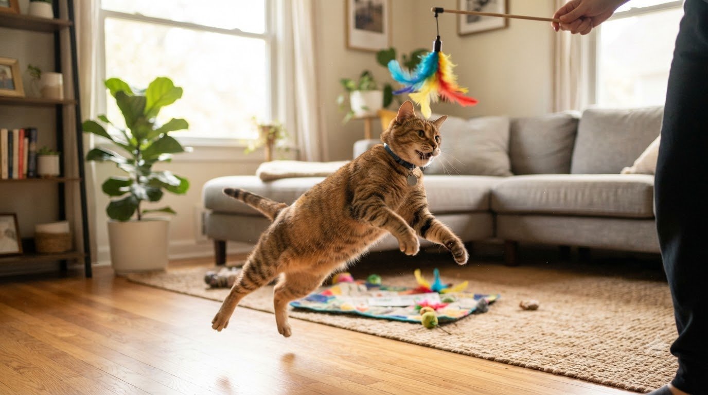A cat engaged in active play with a toy