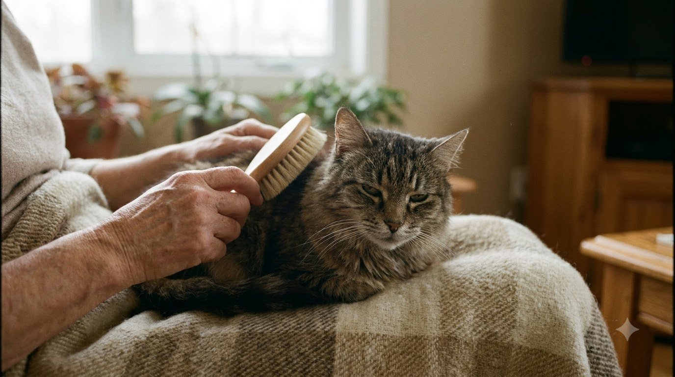 A person gently grooming a senior cat