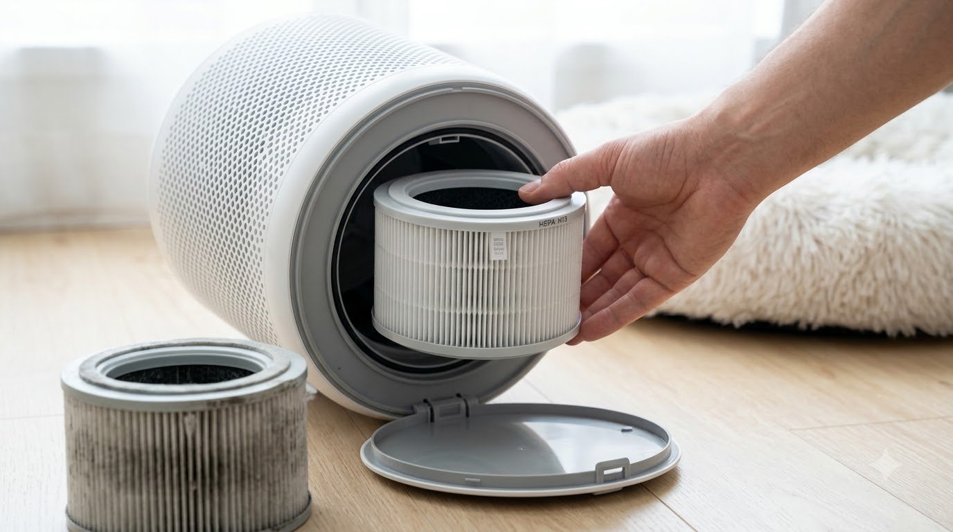 A hand replacing the filter in an air purifier