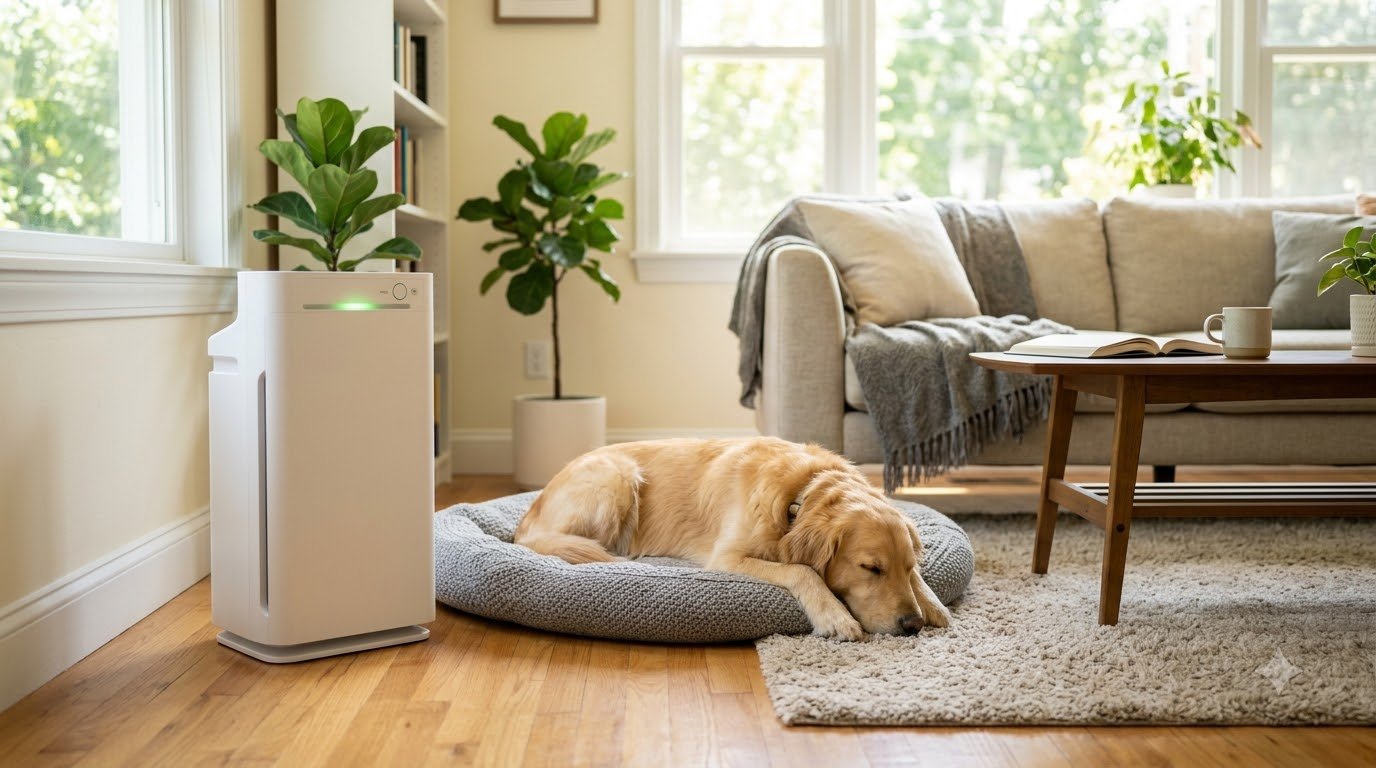 An air purifier running in a bright, tidy home