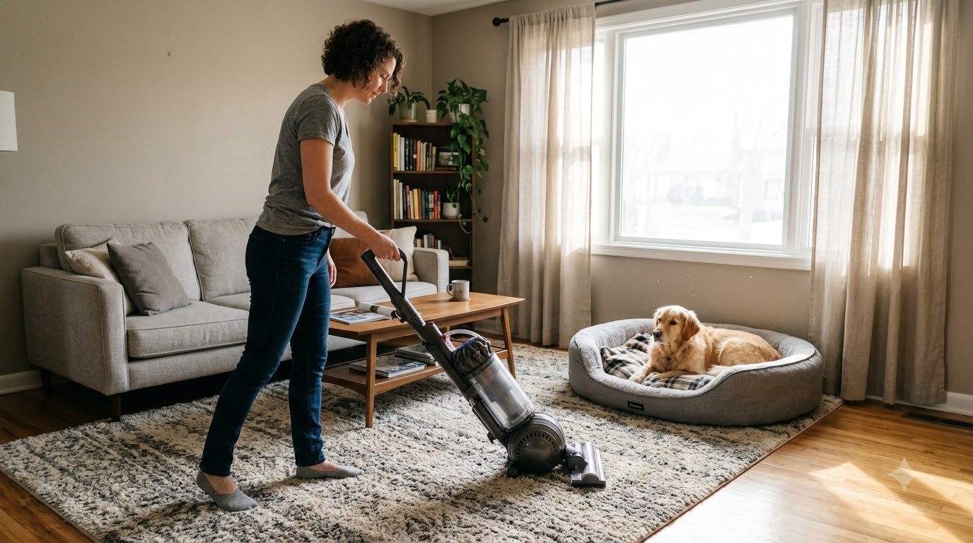 A person vacuuming a living room rug near a dog bed