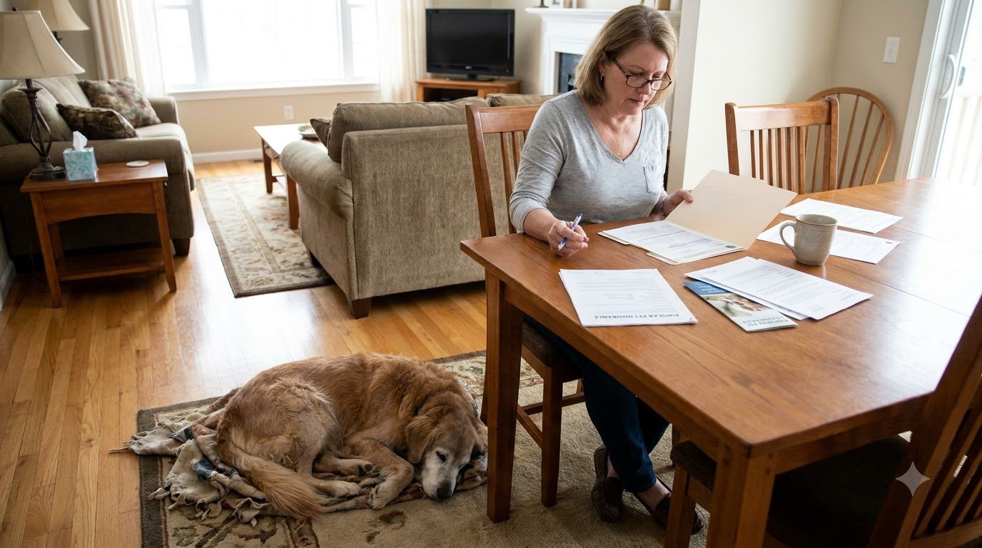 A pet owner reviewing paperwork ahead of international pet travel