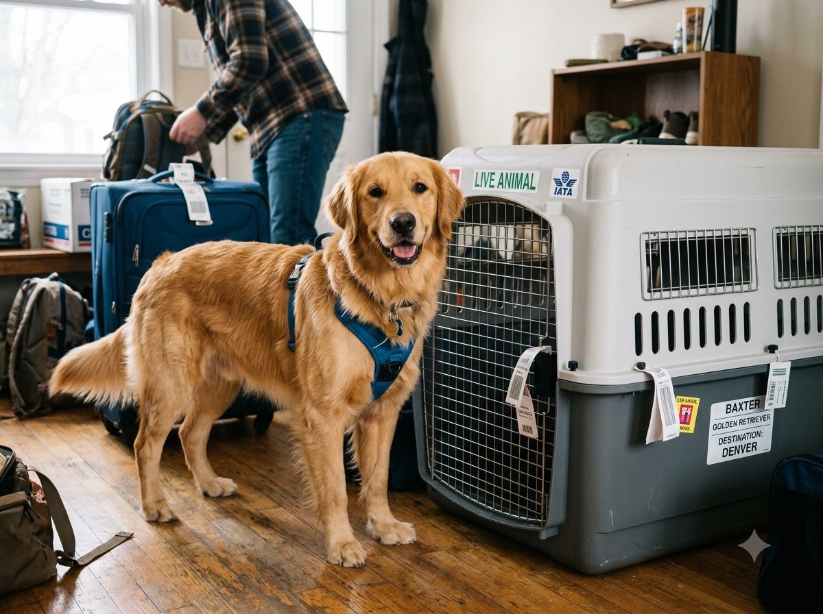 A dog beside a packed travel crate at home
