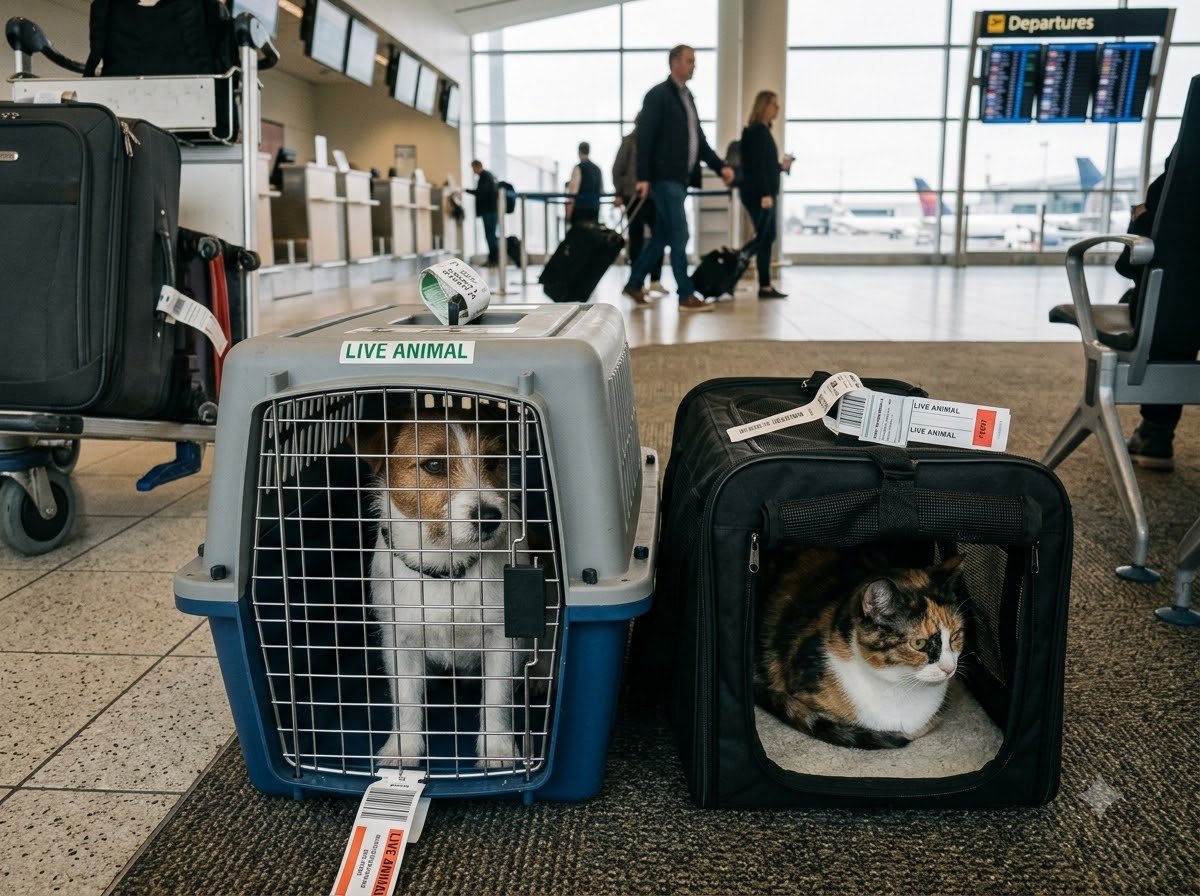 A dog and a cat in airline travel carriers at an airport