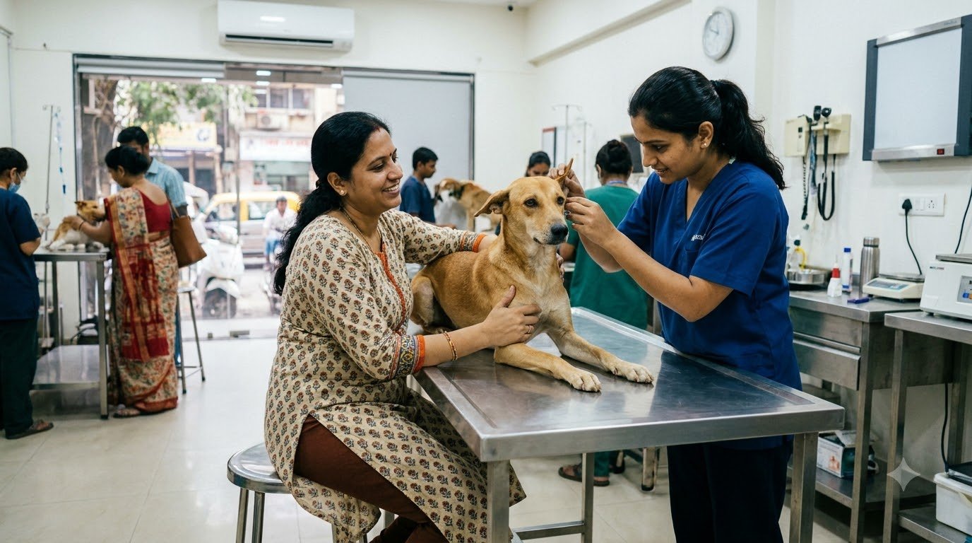 A dog sitting calmly in a veterinary clinic