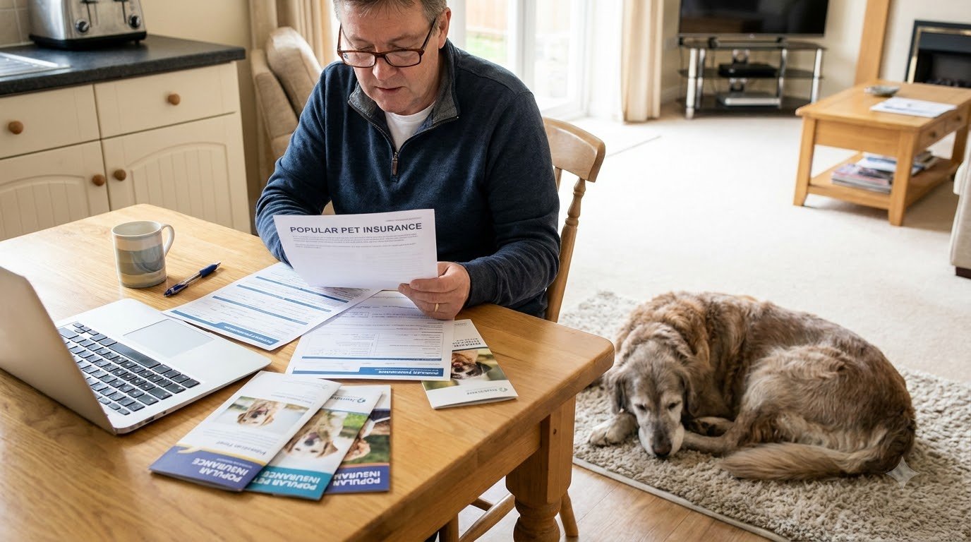 A pet owner reviewing insurance paperwork at a kitchen table