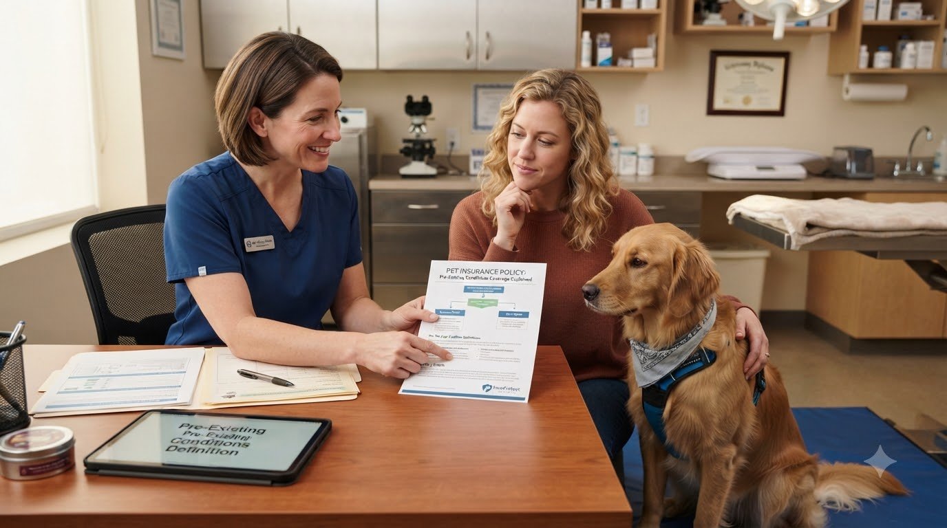 A veterinarian reviewing paperwork with a pet owner and their dog