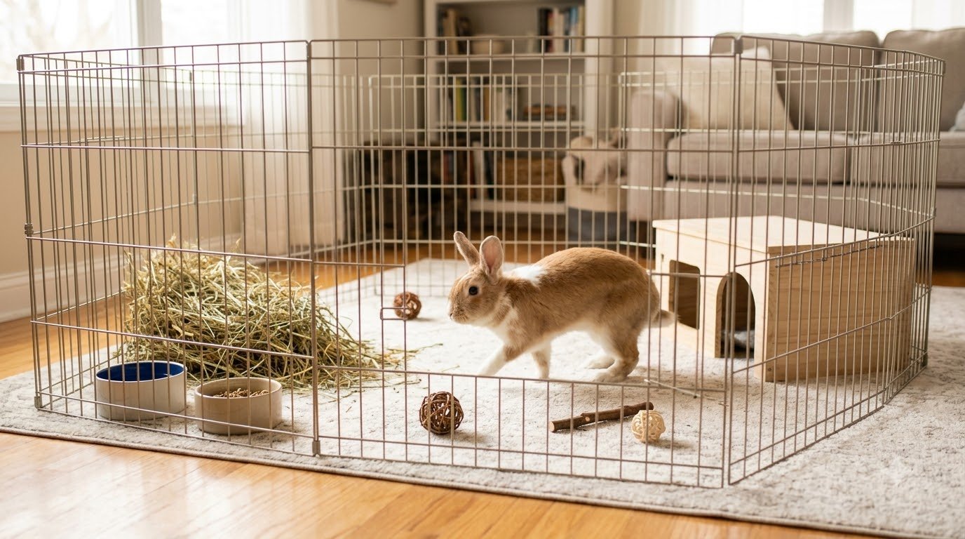A rabbit inside an indoor exercise pen