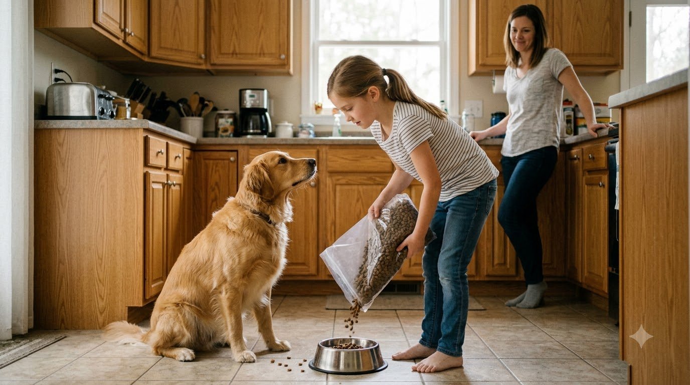 A child feeding a family pet under supervision in the kitchen