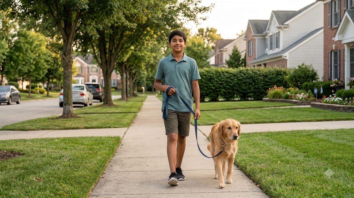 A preteen walking a medium-sized dog on a leash