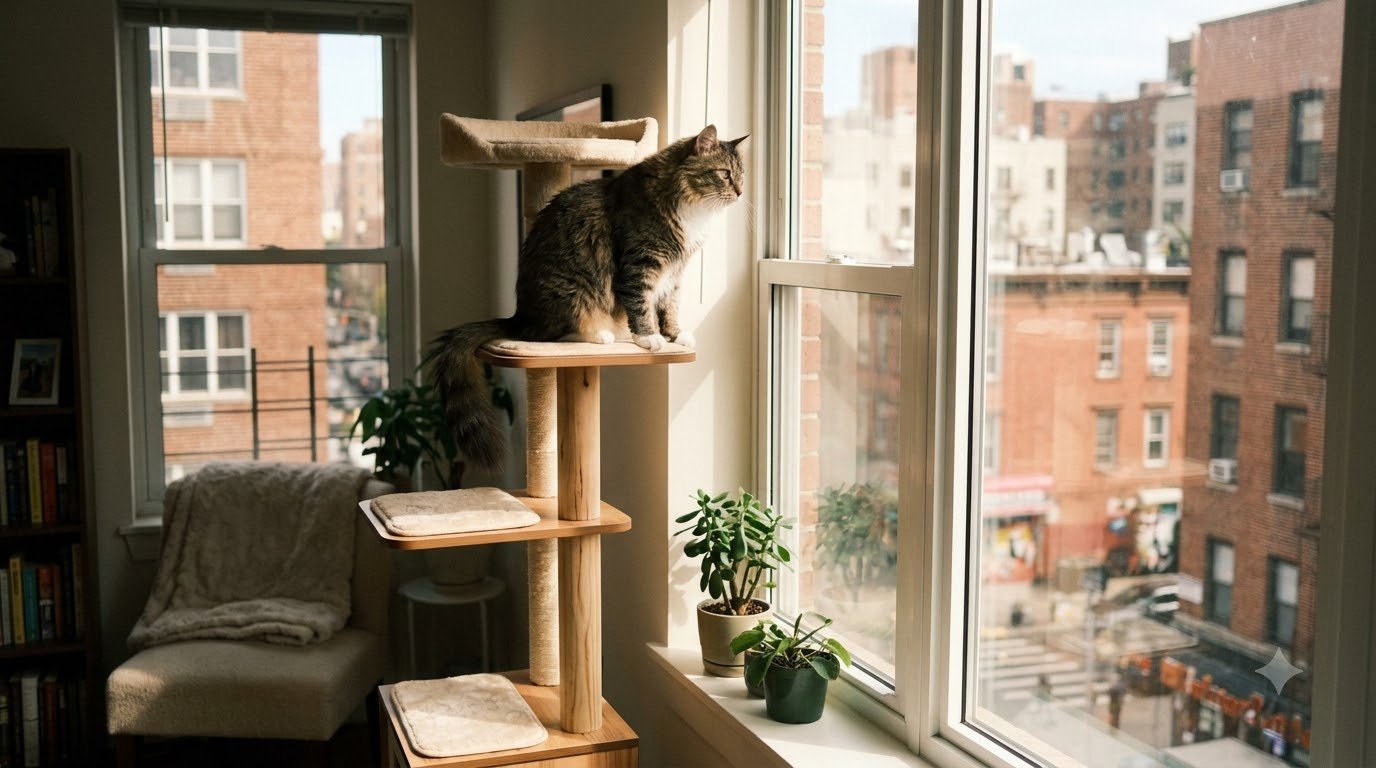 A cat perched on a cat tree by a bright apartment window