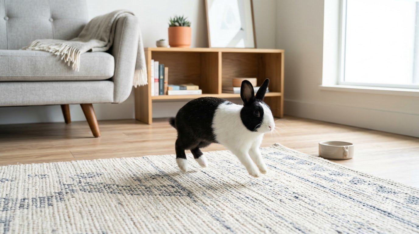 A rabbit hopping across an apartment living room rug