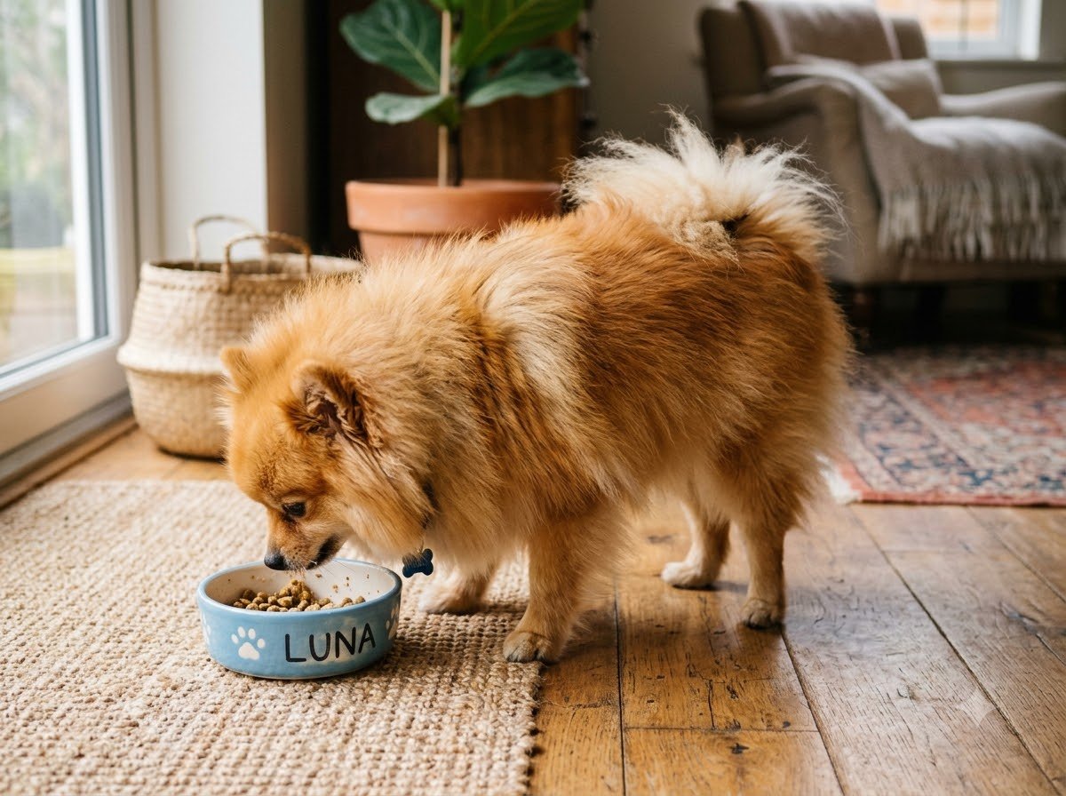 A Pomeranian eating from a small bowl indoors