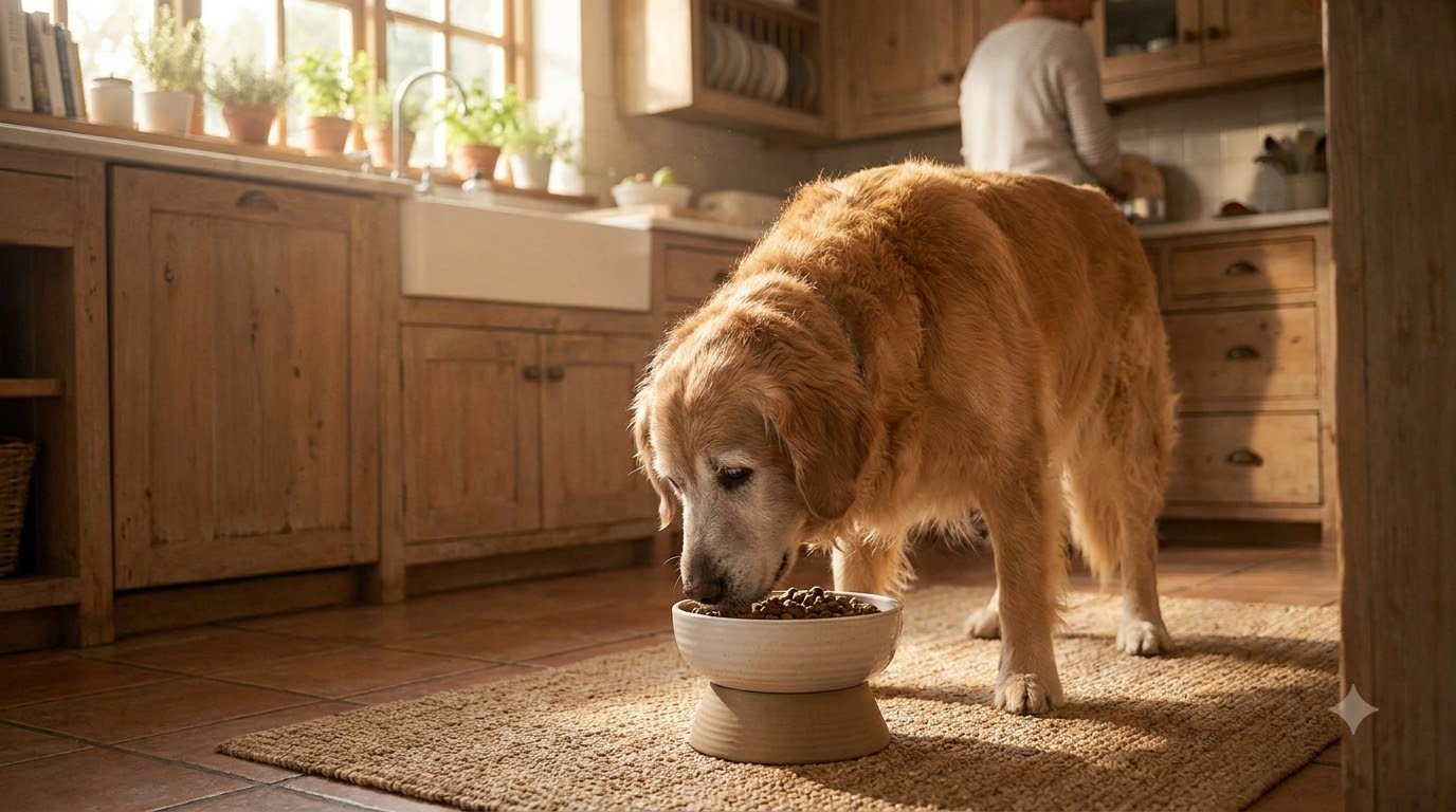A small dog eating from a bowl at home