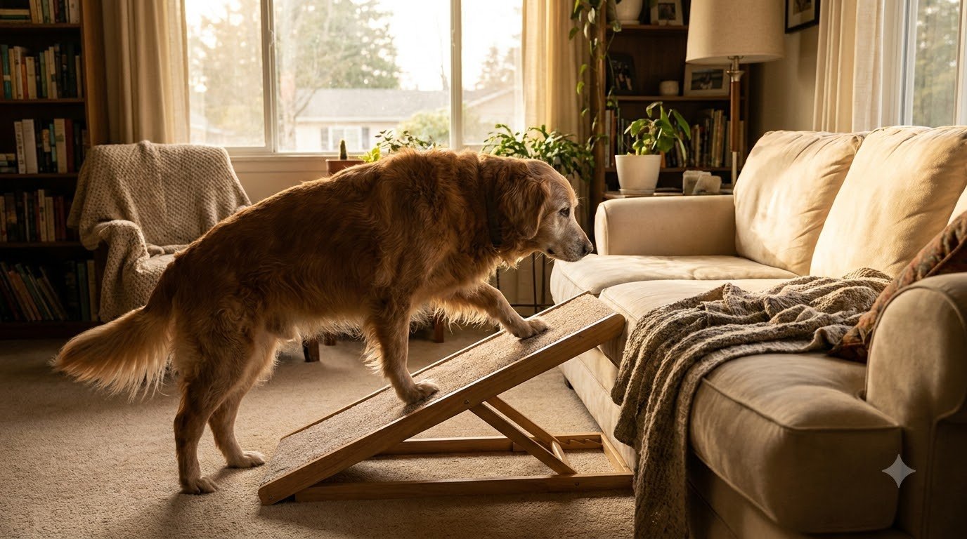 A small dog walking up a ramp at home