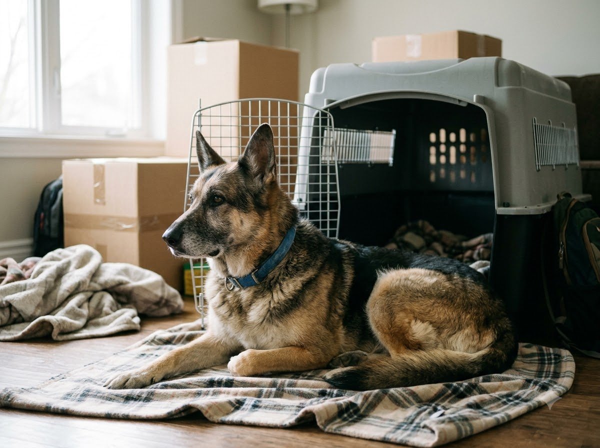 A senior German Shepherd resting near a travel crate