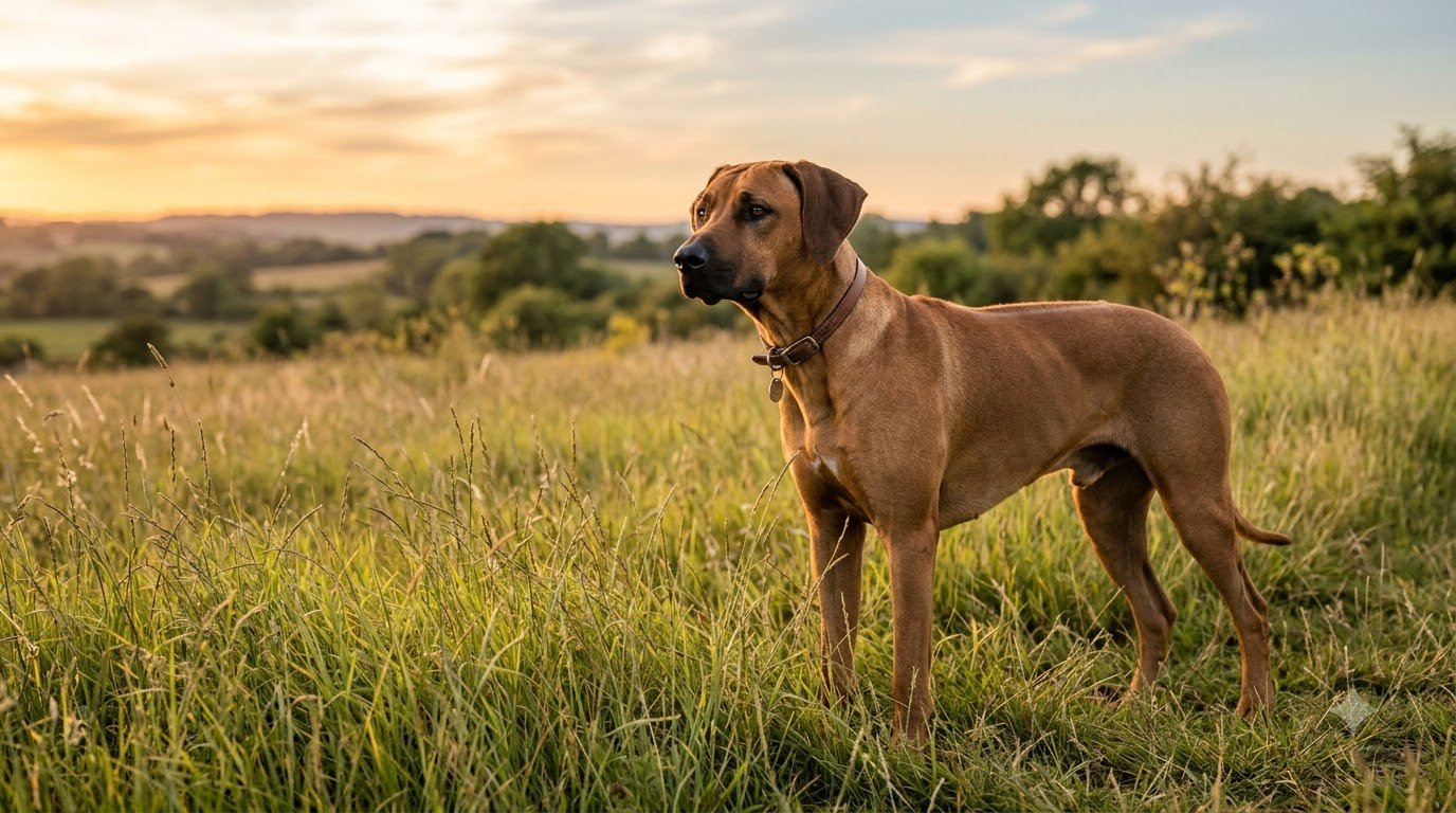 A Rhodesian Ridgeback with a wheaten coat standing outdoors in tall grass