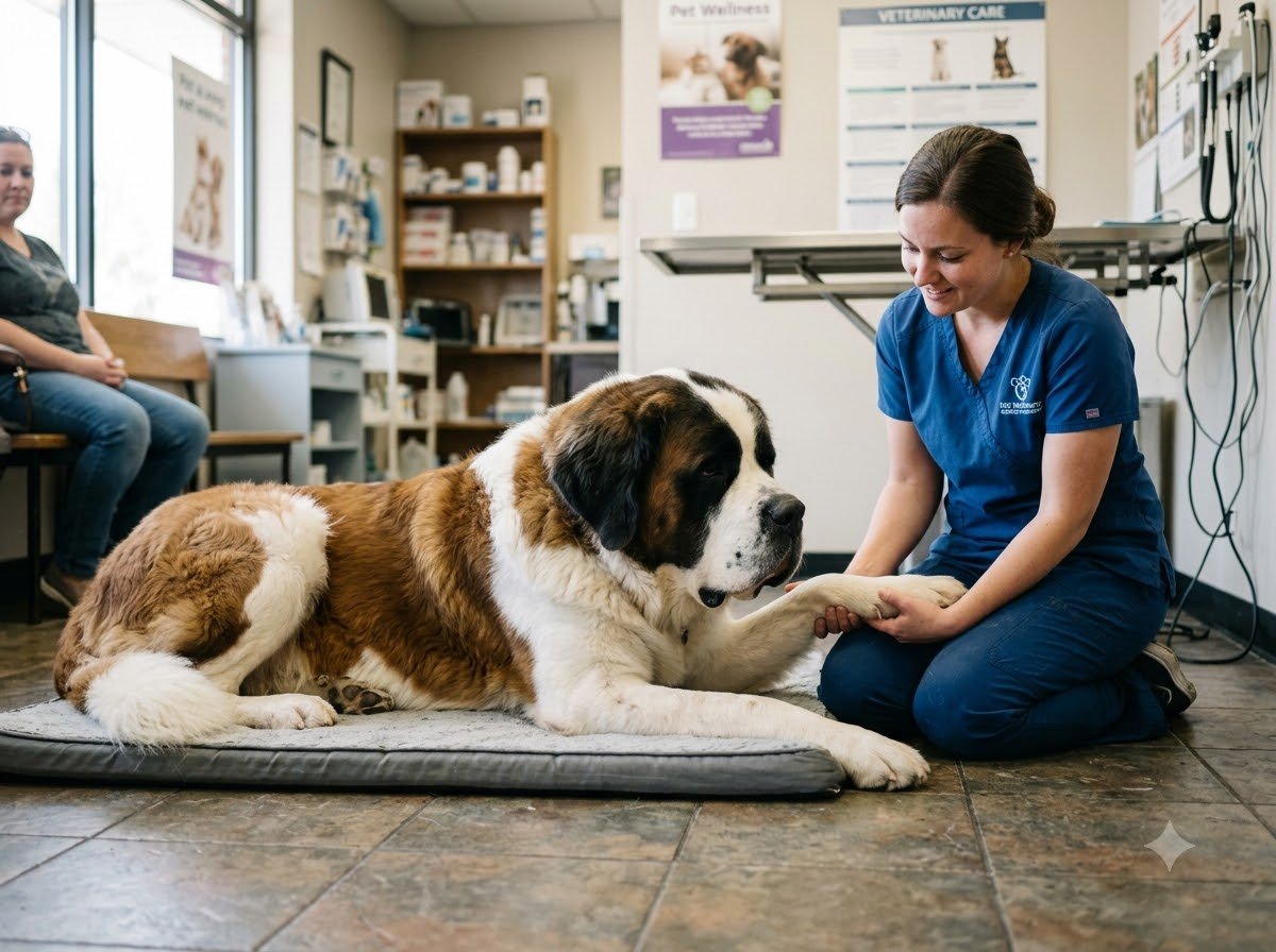 A Saint Bernard lying down at home