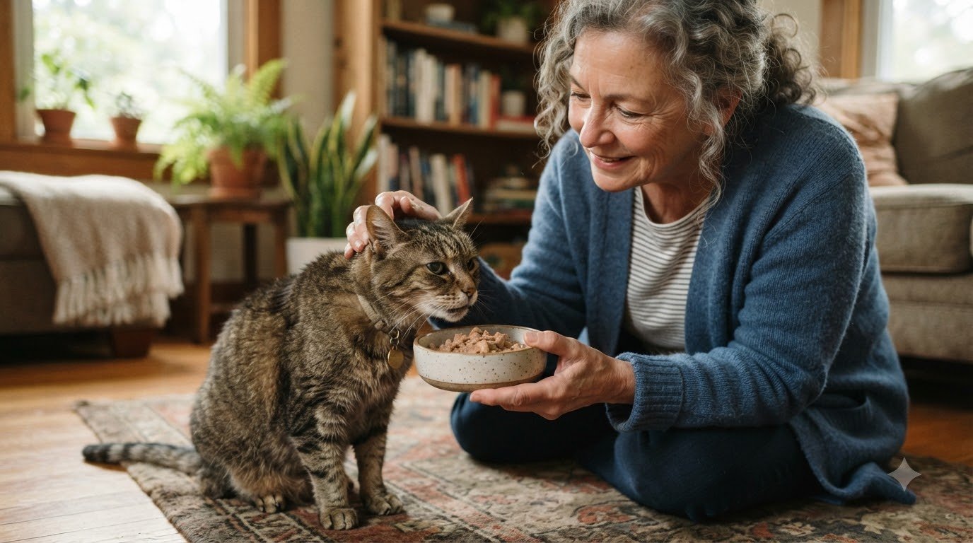 An owner offering a senior cat a bowl of wet food indoors