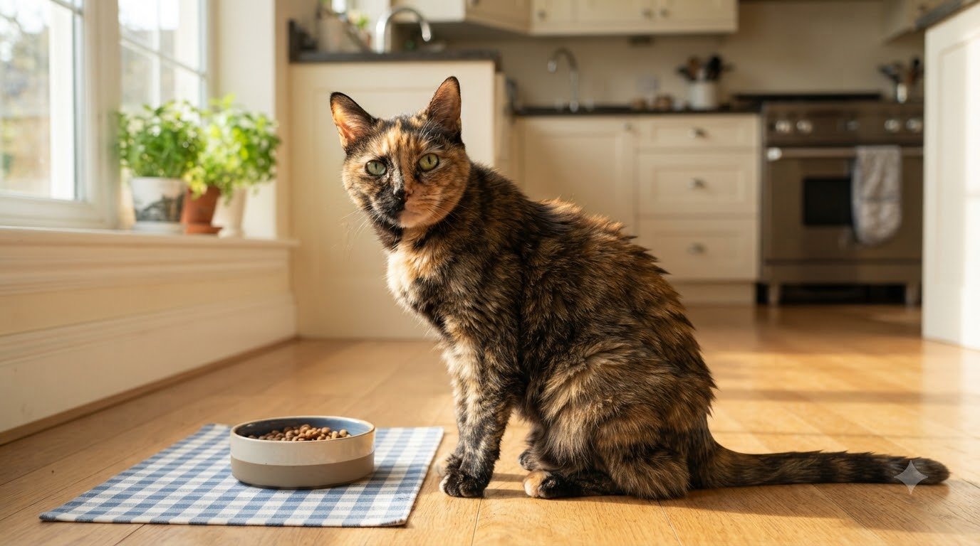 A visibly slender senior cat sitting alert near a food bowl