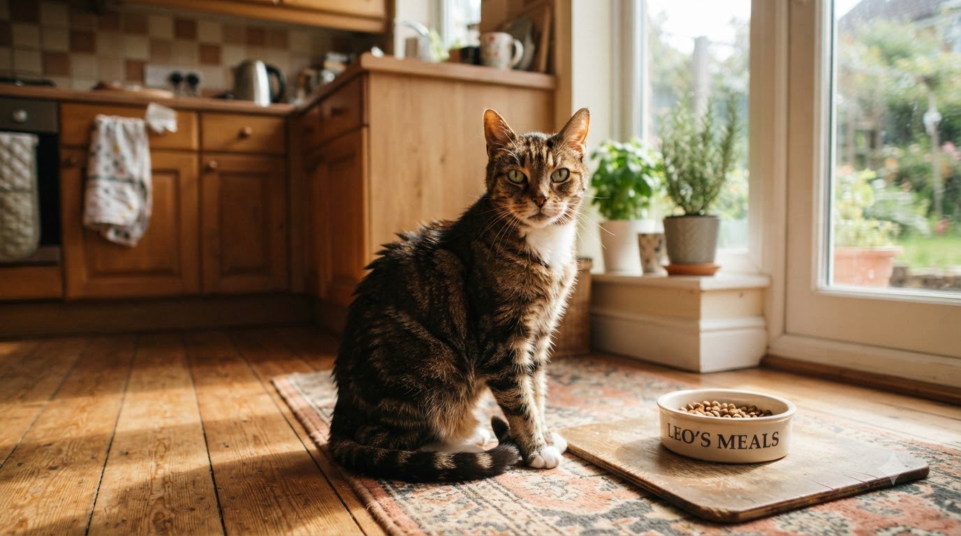 A senior cat sitting near its food bowl