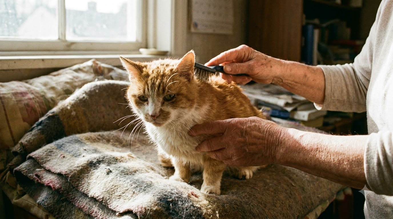 A senior cat being gently groomed and handled