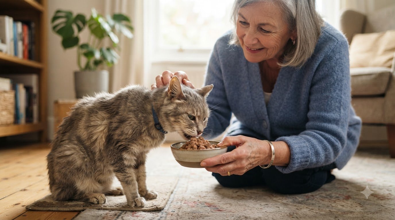 An owner feeding a senior cat wet food