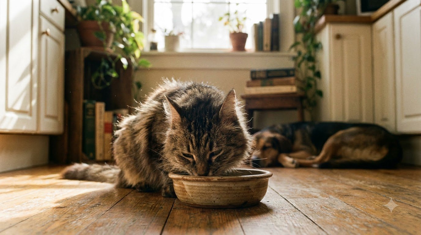 A senior cat eating from its bowl