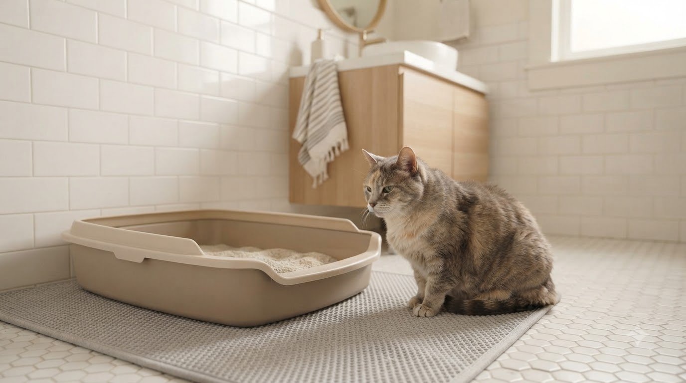 A senior cat walking carefully across a room