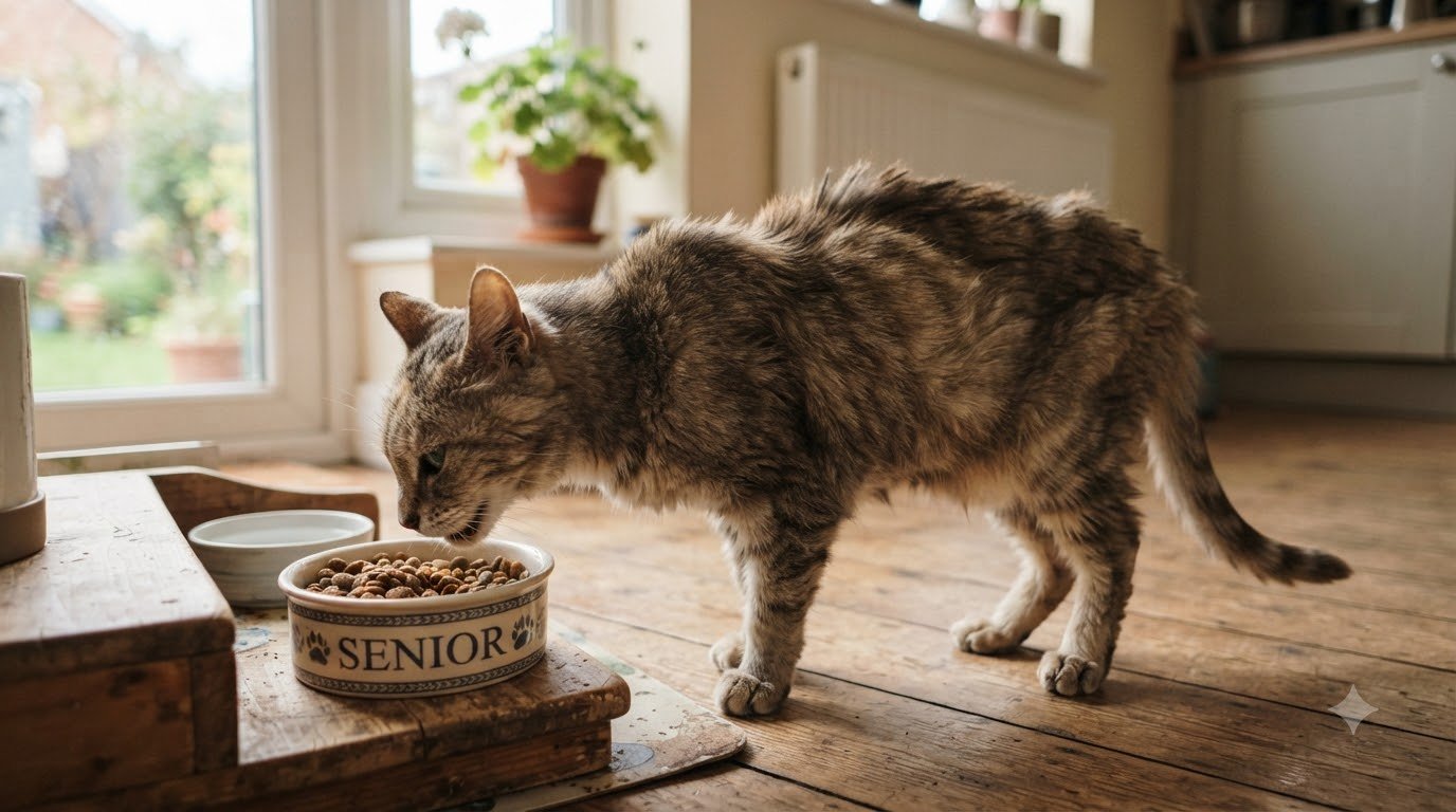 A thin senior cat eating from a food bowl
