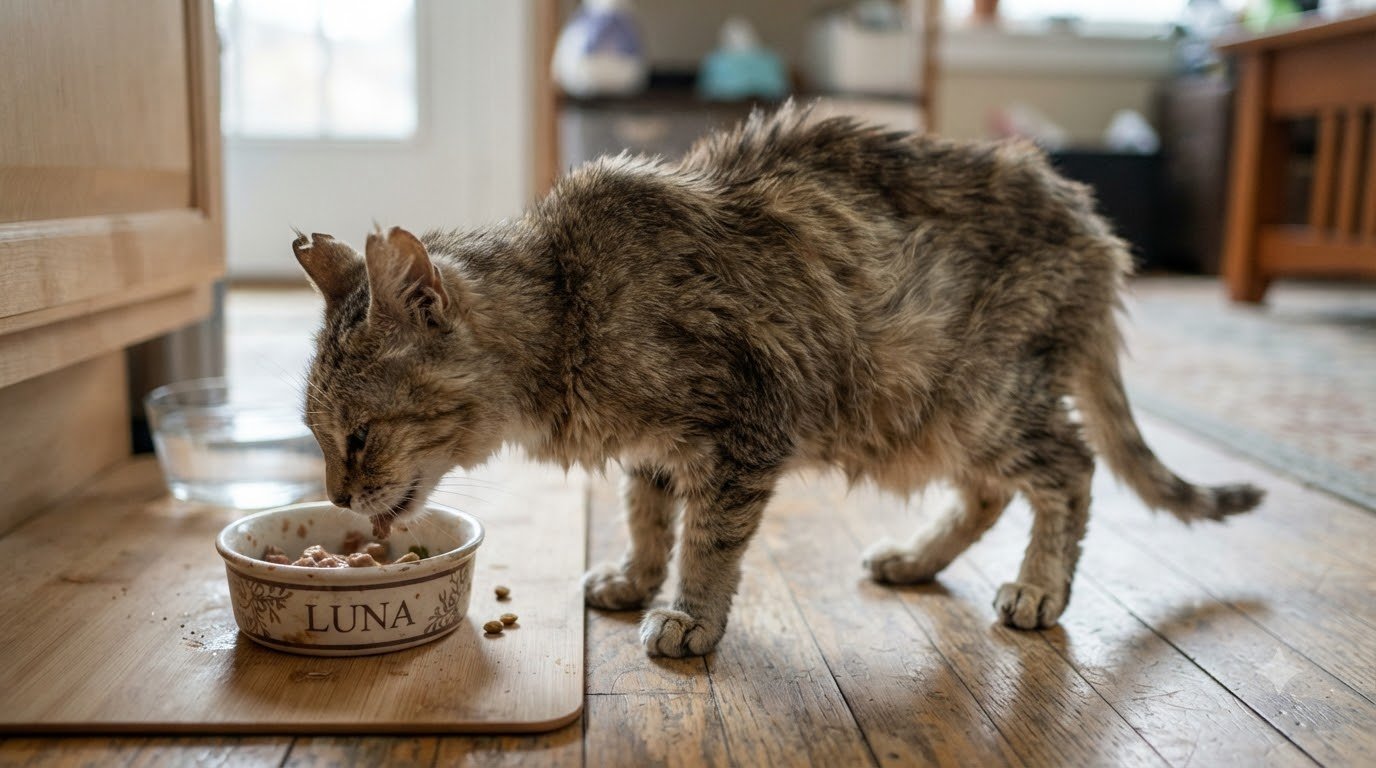 A senior cat eating from its food bowl indoors