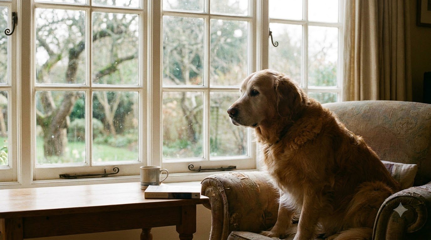 A senior dog looking out a window