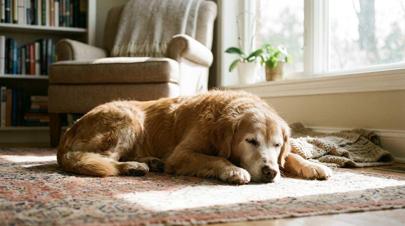 A senior dog resting peacefully at home