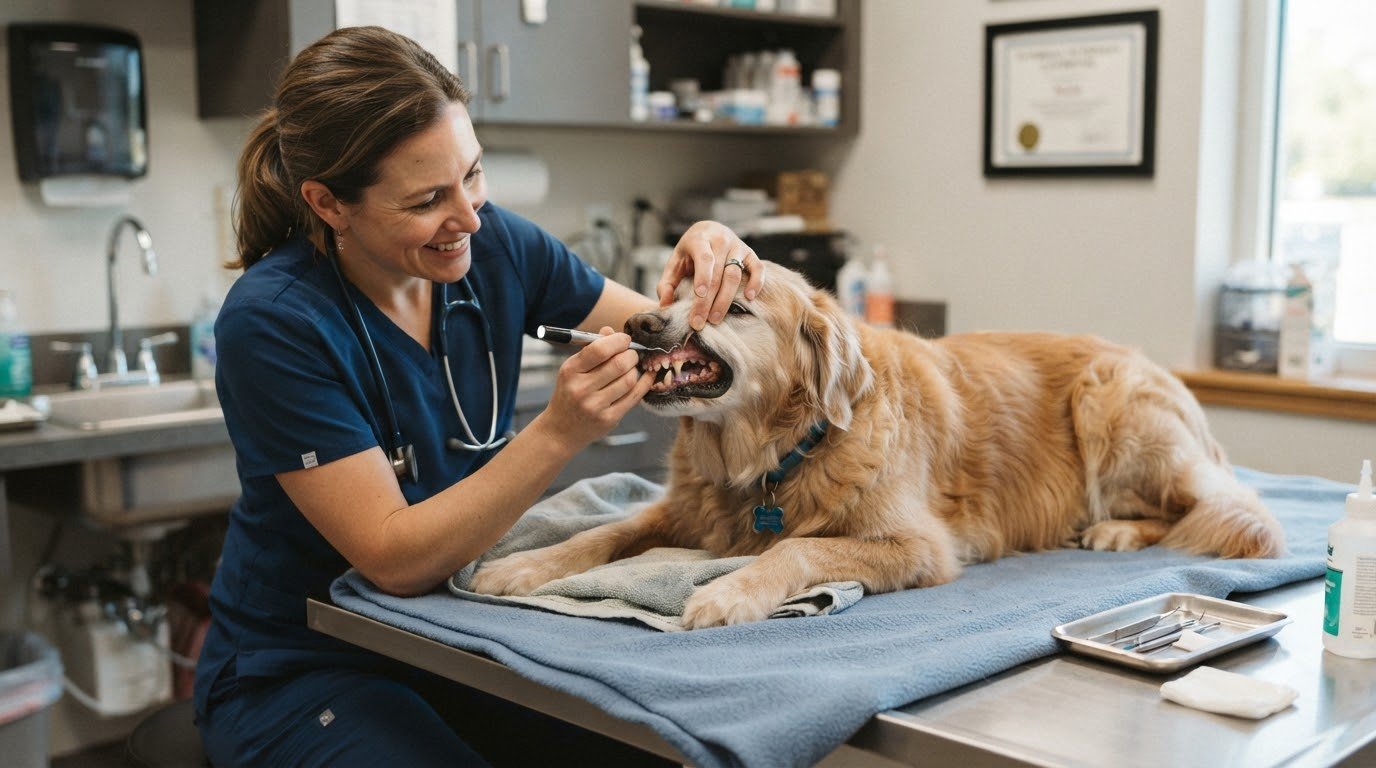 A vet gently examining a senior dog’s teeth