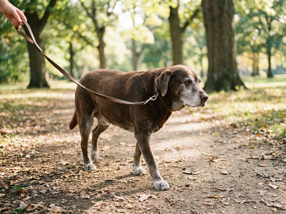 A senior dog walking calmly alongside its owner
