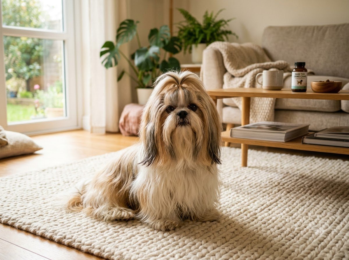 A Shih Tzu sitting calmly on a soft rug indoors