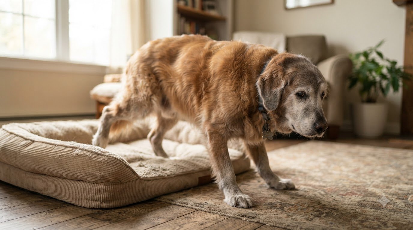 A senior dog rising slowly from its bed