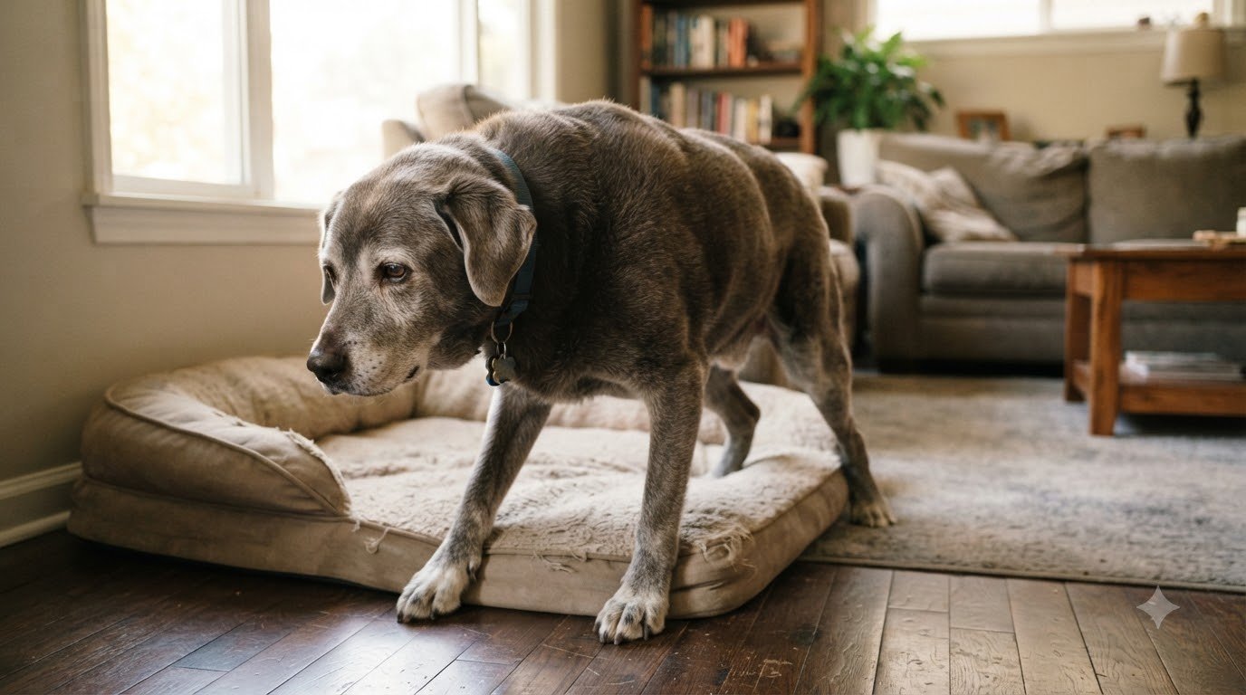 A senior dog rising slowly from its bed, showing mild stiffness