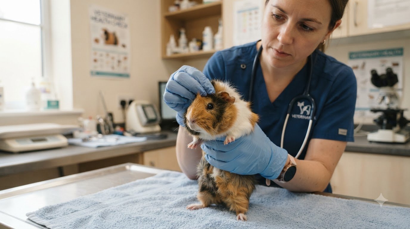 A hand gently holding a guinea pig for a health check