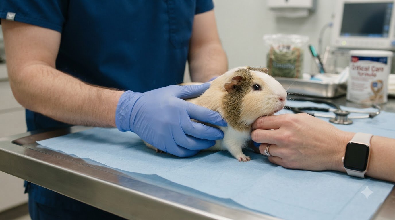 A hand gently holding a guinea pig for a health check
