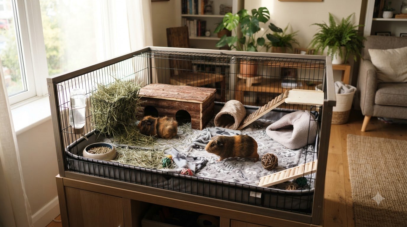 A spacious guinea pig cage set up inside a home