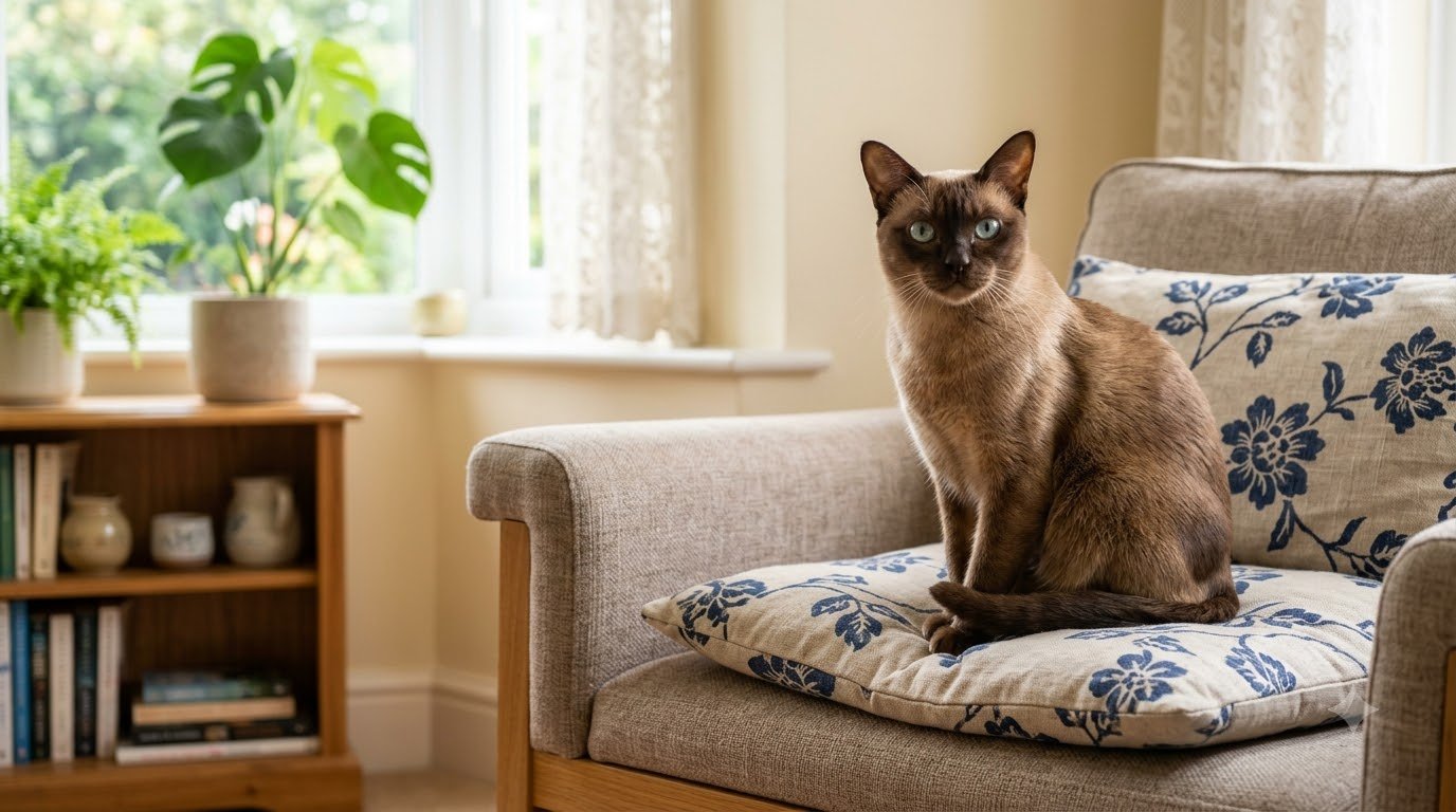 A Tonkinese cat with a mink-pattern coat sitting indoors on a cushioned chair