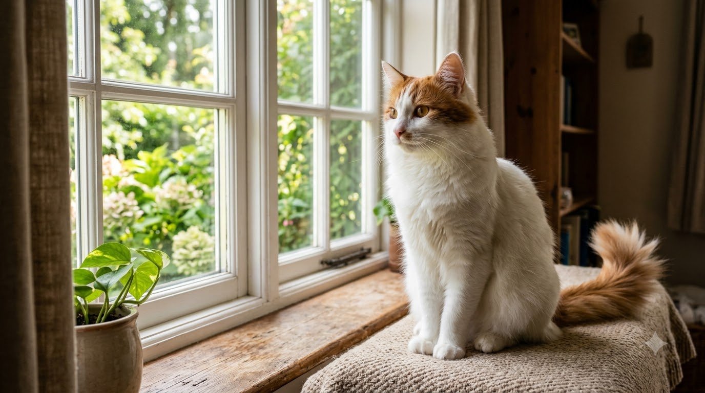 A Turkish Van cat with a mostly white coat and auburn markings sitting near a window indoors