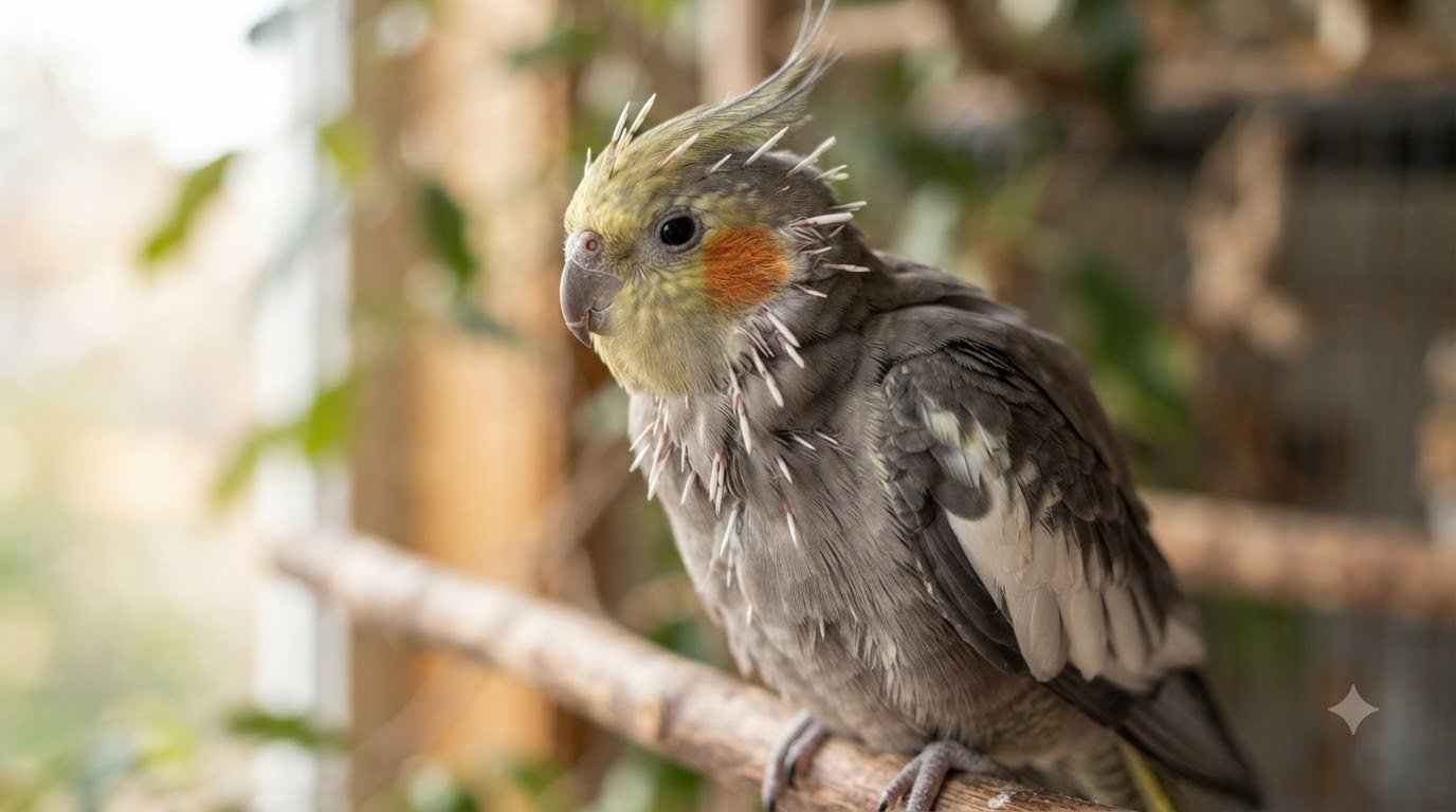 A cockatiel showing visible new pin feathers among its plumage