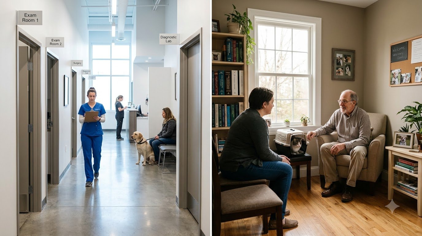 A comparison of a busy multi-room clinic and a small cozy clinic